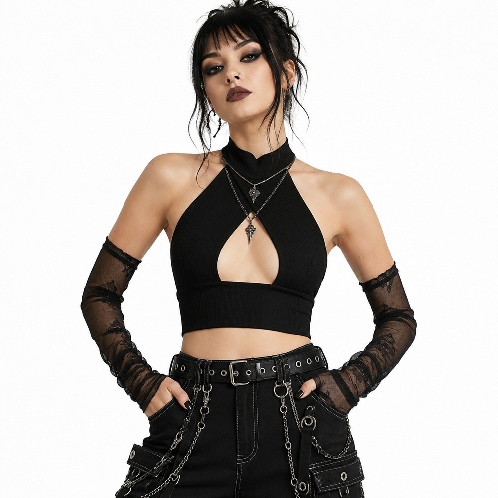 NWT Womens Ribbed Crossover Keyhole Halter Crop Top Black Goth Edgy Size M